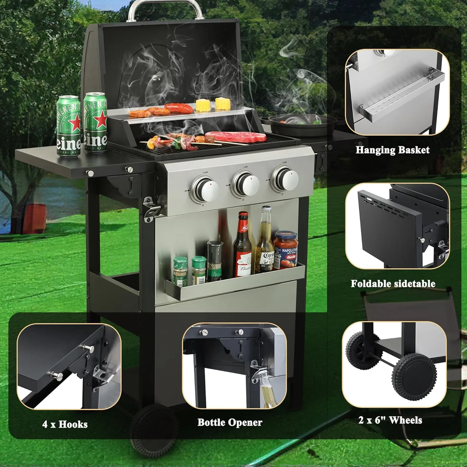 3-Burner Propane Gas BBQ Grill with Wire Enamel Cooking Grids & Thermometer, 25,650 BTU Output Stainless Steel Grill with Foldable Side Table for Outdoor Barbecue (3 Burner)