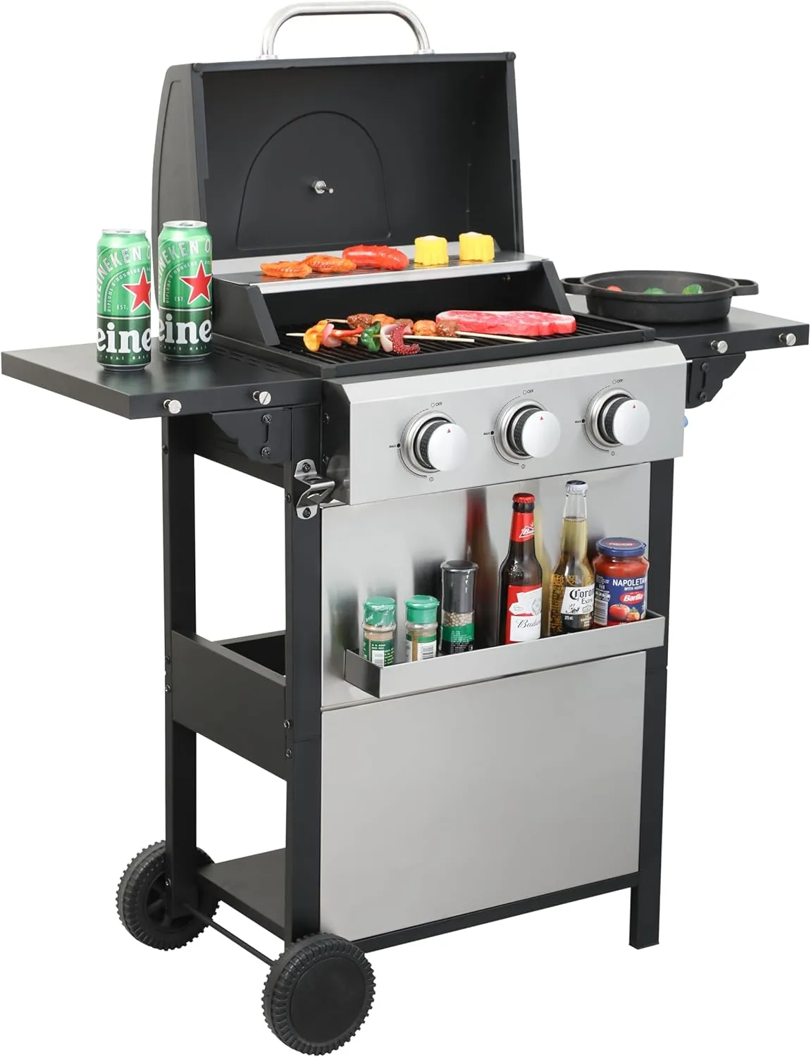 3-Burner Propane Gas BBQ Grill with Wire Enamel Cooking Grids & Thermometer, 25,650 BTU Output Stainless Steel Grill with Foldable Side Table for Outdoor Barbecue (3 Burner)