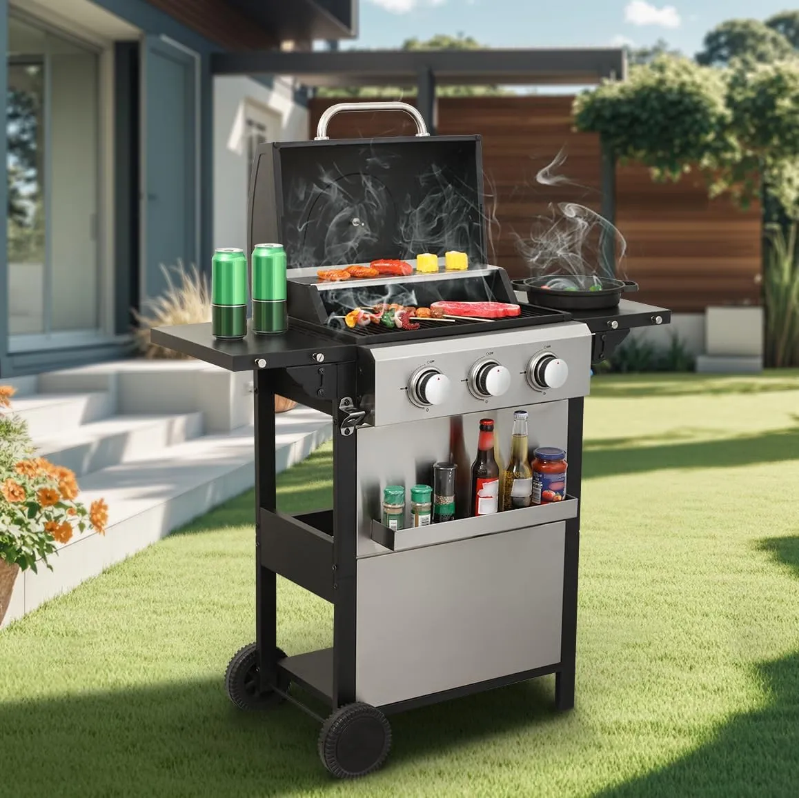 3-Burner Propane Gas BBQ Grill with Wire Enamel Cooking Grids & Thermometer, 25,650 BTU Output Stainless Steel Grill with Foldable Side Table for Outdoor Barbecue (3 Burner)