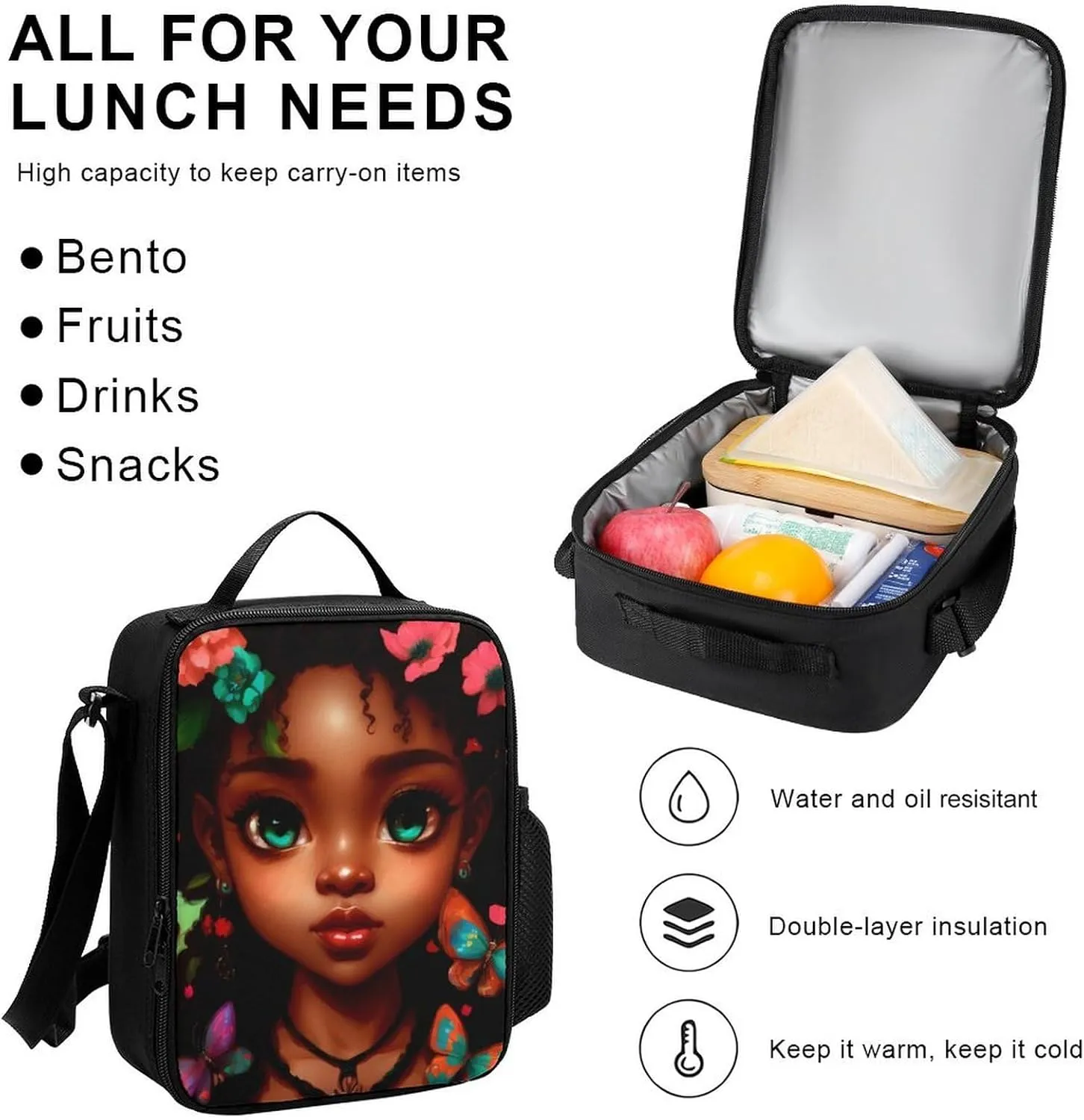 3 Piece Daypack Large Capacity Bookbag Backpack for High Outdoors Running - African American Women Black Woman Butterfly Flower Art, Travel Hiking Backpack,Lunch Bag and Pencil Bag, One Size