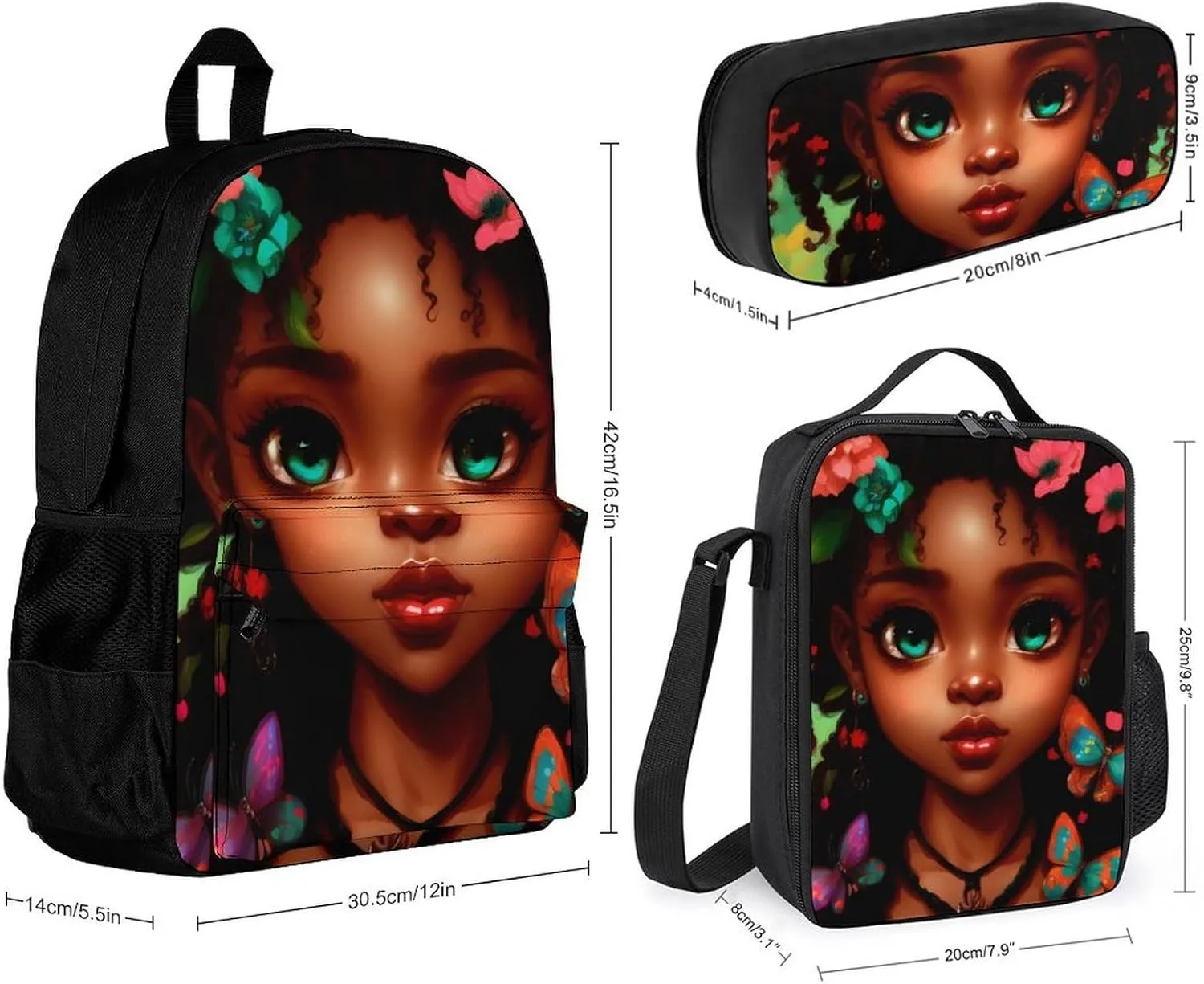 3 Piece Daypack Large Capacity Bookbag Backpack for High Outdoors Running - African American Women Black Woman Butterfly Flower Art, Travel Hiking Backpack,Lunch Bag and Pencil Bag, One Size