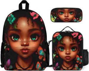 3 Piece Daypack Large Capacity Bookbag Backpack for High Outdoors Running - African American Women Black Woman Butterfly Flower Art, Travel Hiking Backpack,Lunch Bag and Pencil Bag, One Size