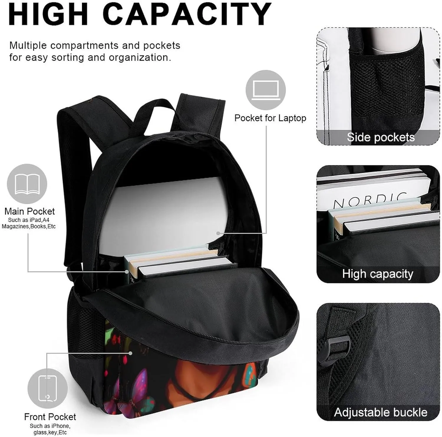 3 Piece Daypack Large Capacity Bookbag Backpack for High Outdoors Running - African American Women Black Woman Butterfly Flower Art, Travel Hiking Backpack,Lunch Bag and Pencil Bag, One Size