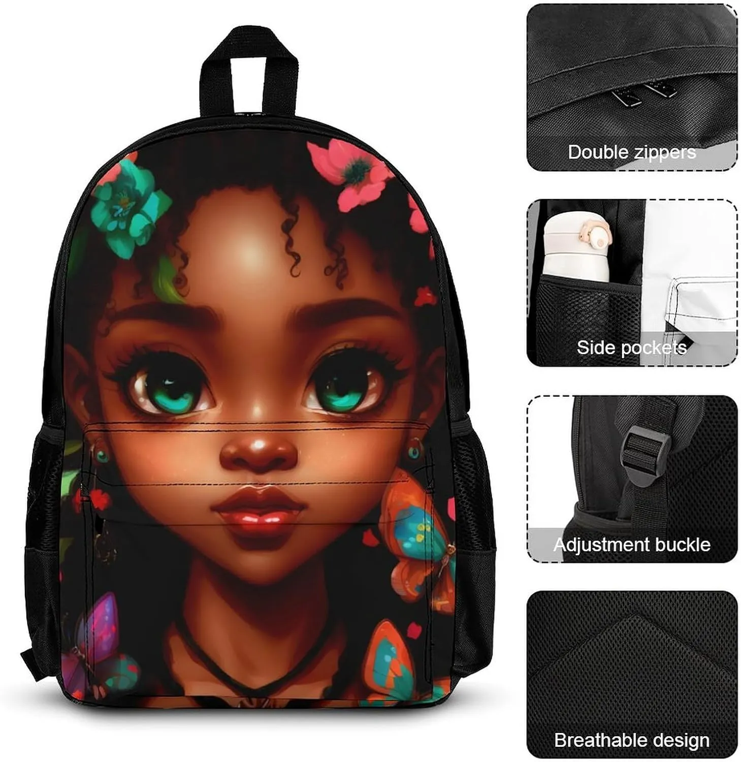 3 Piece Daypack Large Capacity Bookbag Backpack for High Outdoors Running - African American Women Black Woman Butterfly Flower Art, Travel Hiking Backpack,Lunch Bag and Pencil Bag, One Size