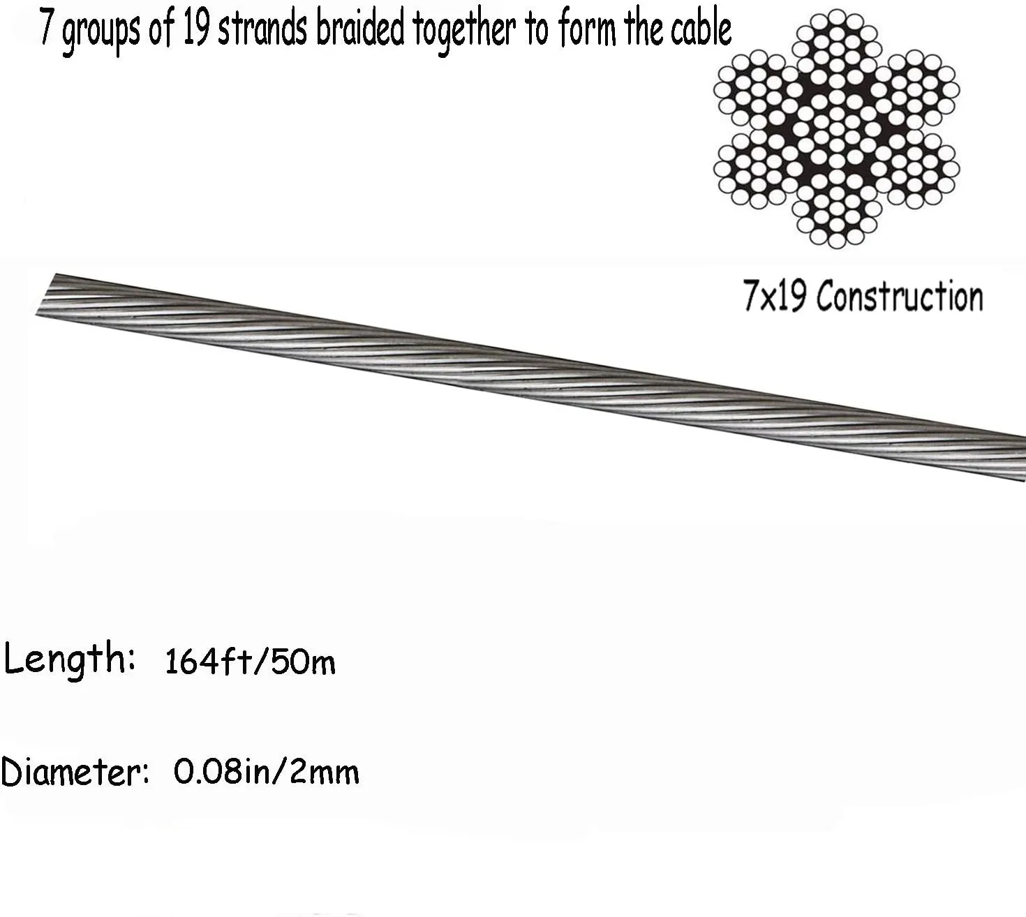 304 Stainless Steel Wire Rope Cable Bare Fishing Line Soft Rustproof Decking Lifting Clothesline7*19 Structure Braided,Dia0.08 Length164ft