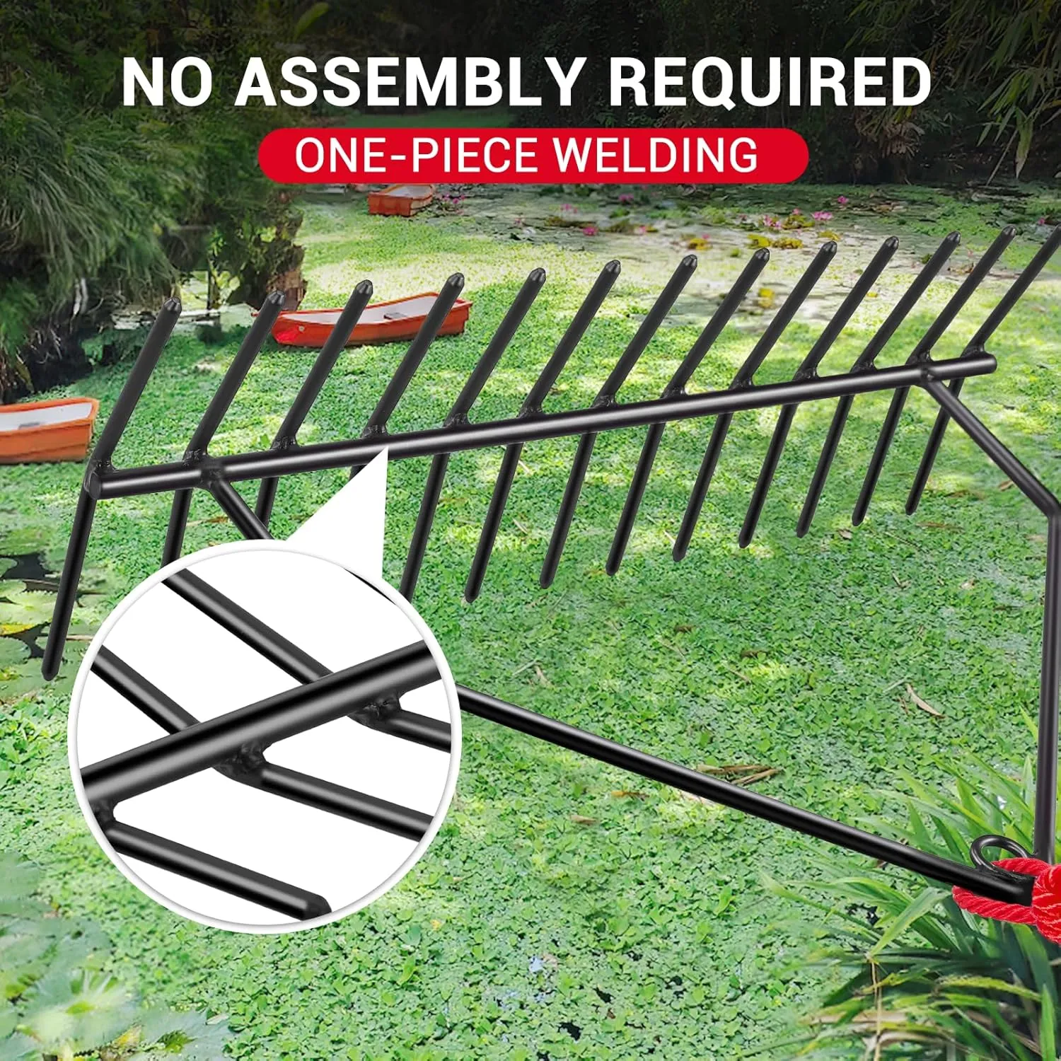 32" Aquatic Weed Rake, 8.6" Steel Rod Lake Weed Cutter, One-Piece Welding, No Assembly Required, Lake Weed Rake for Pond Beach Landscaping, Perfect Tie Hole, 30ft Thicker Rope and The Net