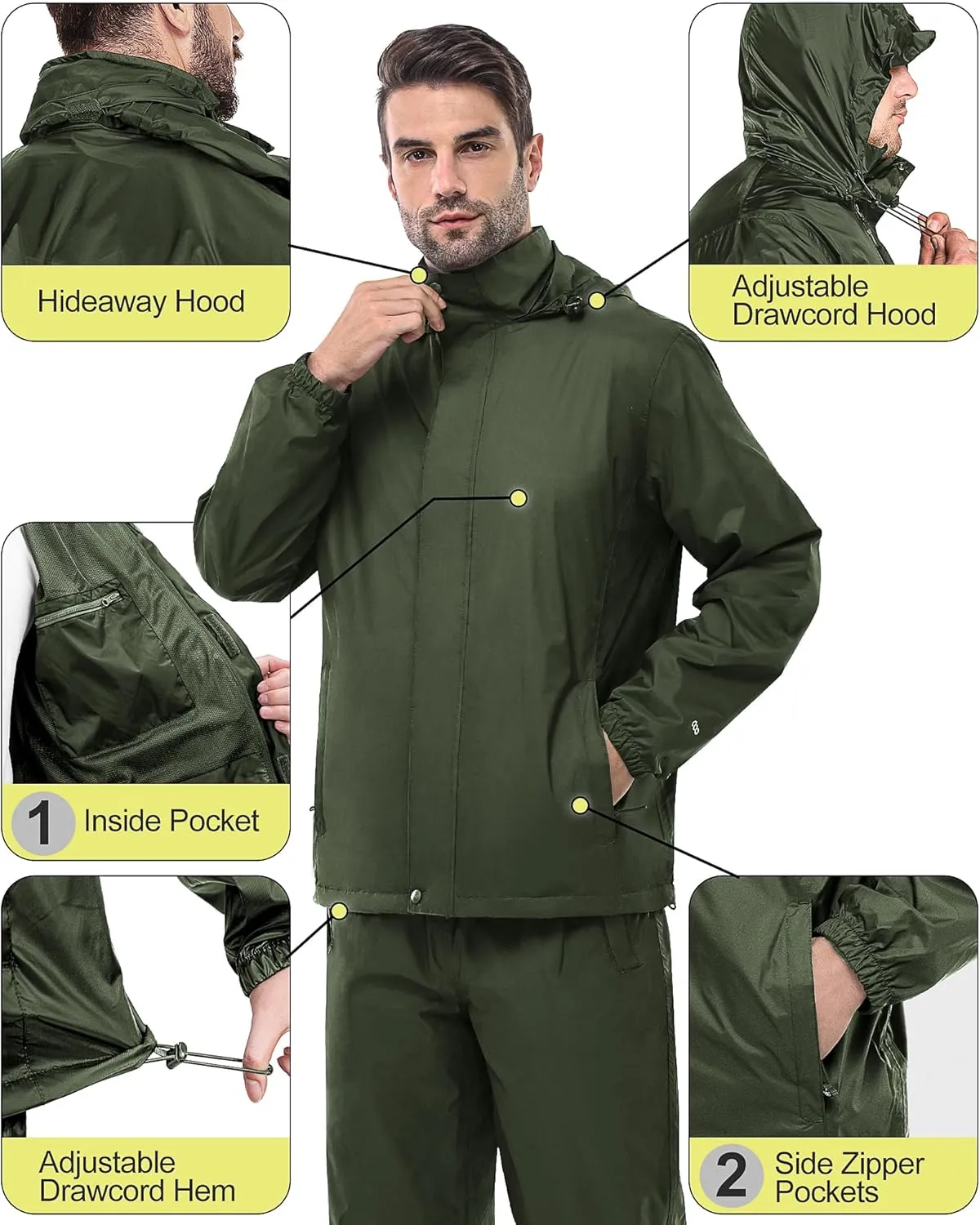 33,000ft Men's Rain Suit Packable Waterproof Lightweight Rain Gear for Golf Hiking Cycling 2 Pieces (Jackets and Pants)