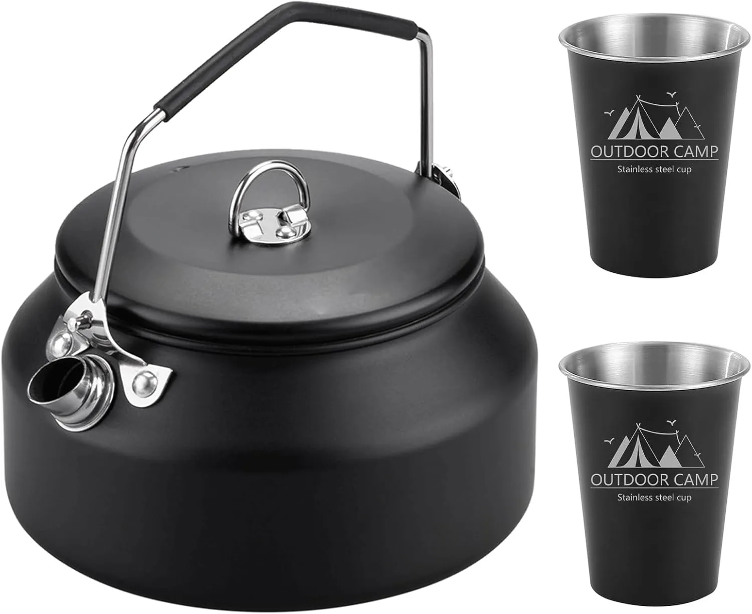 3PCS Camping Kettle Outdoor Campfire Camp Kettle Set with 2 Cups, 1L Stainless Steel camping tea kettle Coffee Pot, Portable Lightweight Teapot, Ideal for Hiking Picnic Travel, Black