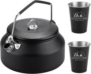 3PCS Camping Kettle Outdoor Campfire Camp Kettle Set with 2 Cups, 1L Stainless Steel camping tea kettle Coffee Pot, Portable Lightweight Teapot, Ideal for Hiking Picnic Travel, Black