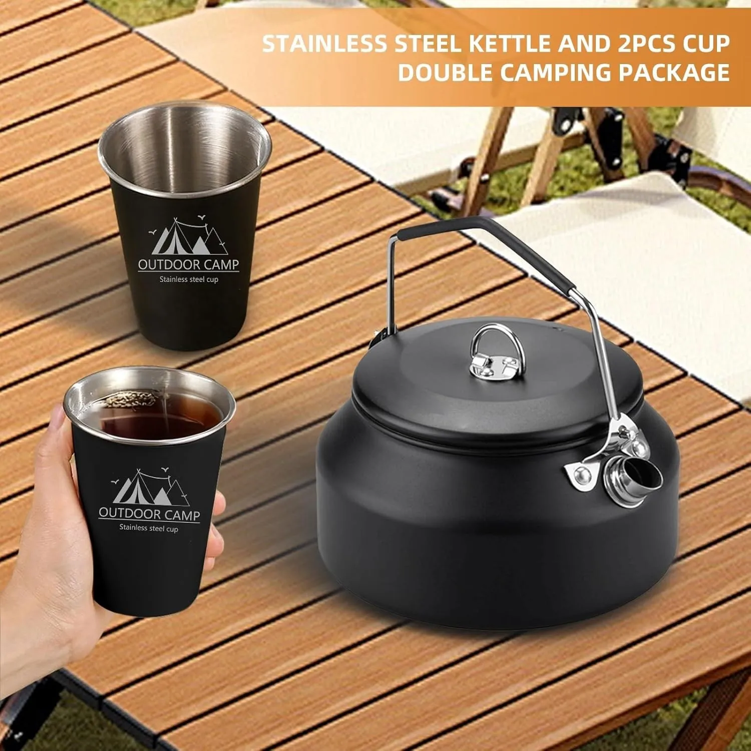 3PCS Camping Kettle Outdoor Campfire Camp Kettle Set with 2 Cups, 1L Stainless Steel camping tea kettle Coffee Pot, Portable Lightweight Teapot, Ideal for Hiking Picnic Travel, Black