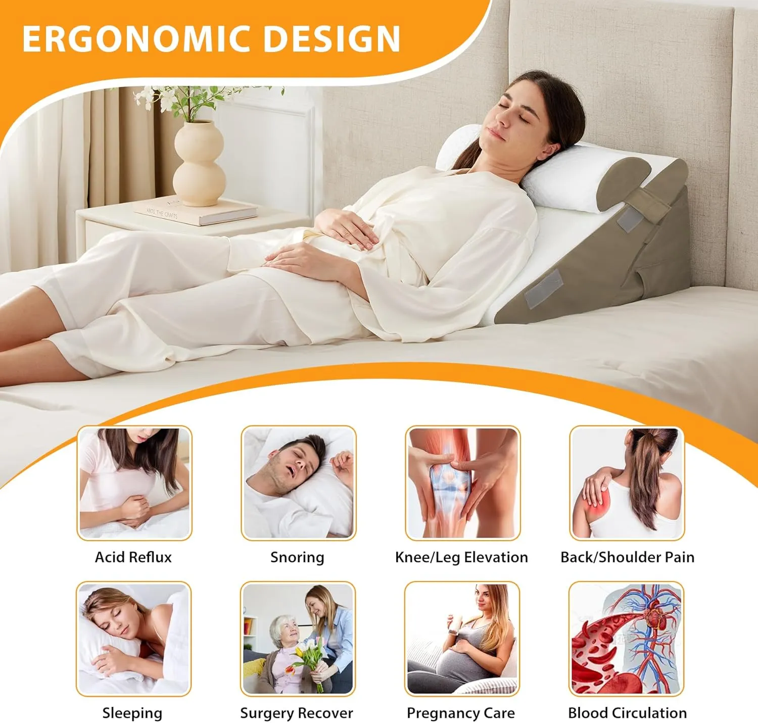 3PCS Wedge Pillow Set for After Surgery, Wedge Pillow Headboard, Adjustable 9&12 Inch Bed Pillow Wedge for Sleeping, Acid Reflux, Orthopedic Pillow Wedge for Back Pain Relief, Gerd, Brown