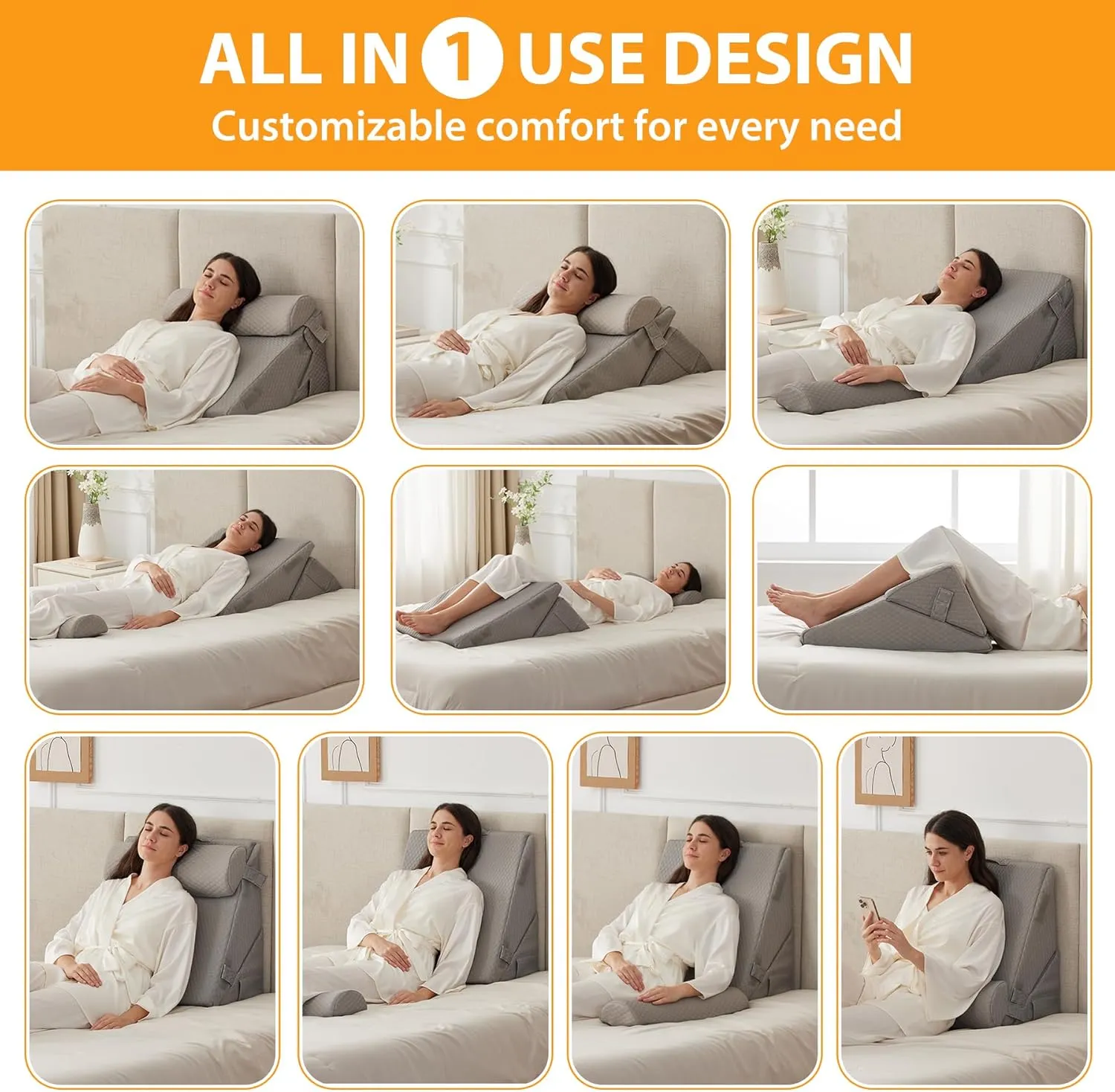 3PCS Wedge Pillow Set for After Surgery, Wedge Pillow Headboard, Adjustable 9&12 Inch Bed Pillow Wedge for Sleeping, Acid Reflux, Orthopedic Pillow Wedge for Back Pain Relief, Gerd, Grey
