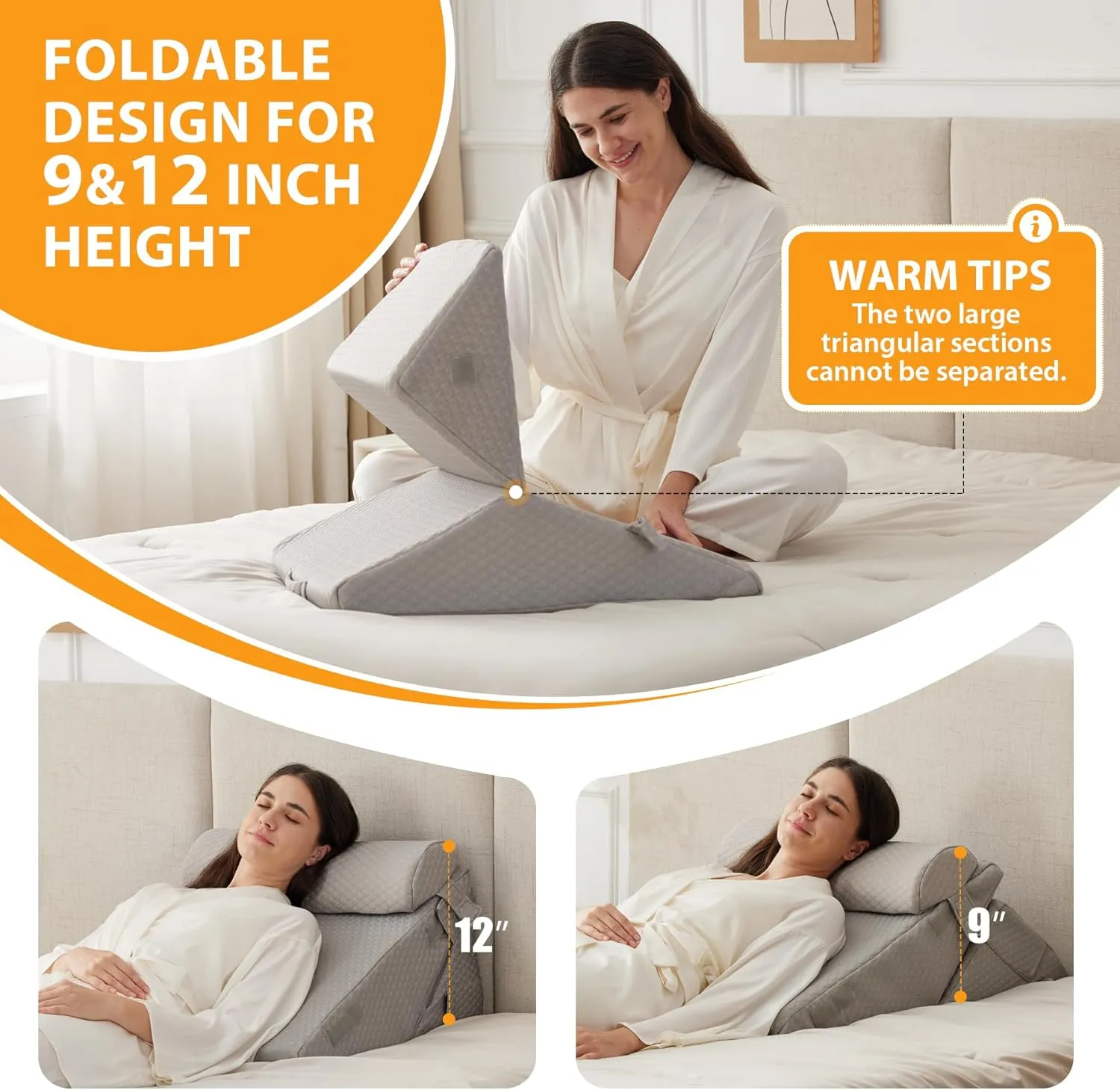3PCS Wedge Pillow Set for After Surgery, Wedge Pillow Headboard, Adjustable 9&12 Inch Bed Pillow Wedge for Sleeping, Acid Reflux, Orthopedic Pillow Wedge for Back Pain Relief, Gerd, Grey