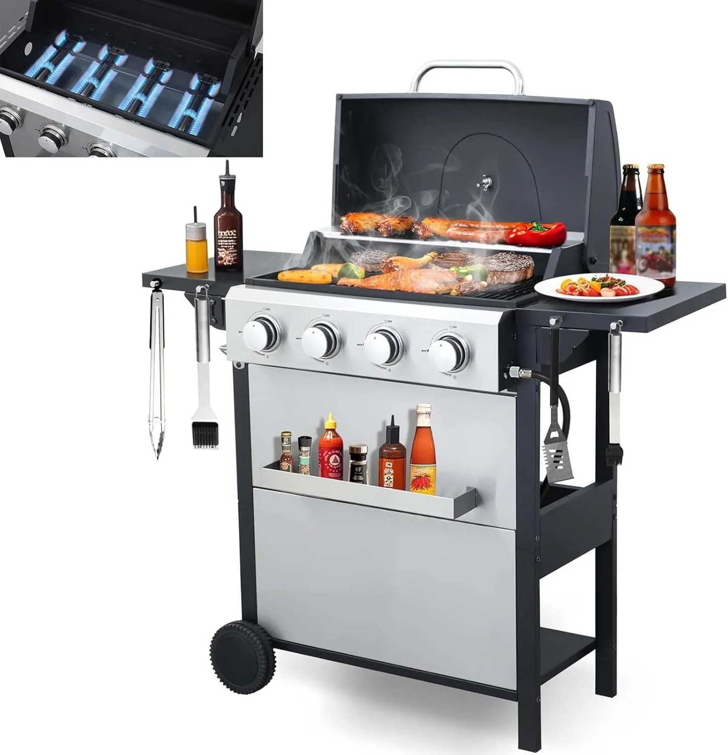 4-Burner Propane Gas Grill with 2 Foldable Side Tables, 34,200 BTU Outdoor BBQ Grill with Porcelain-Enameled Flame Tamers, Built-in Thermometer, Easy Assembly for Patio, Backyard BBQ