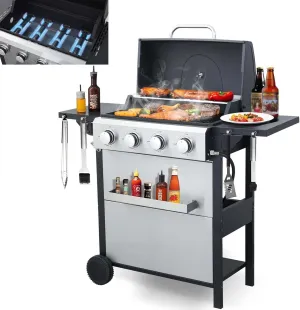 4-Burner Propane Gas Grill with 2 Foldable Side Tables, 34,200 BTU Outdoor BBQ Grill with Porcelain-Enameled Flame Tamers, Built-in Thermometer, Easy Assembly for Patio, Backyard BBQ