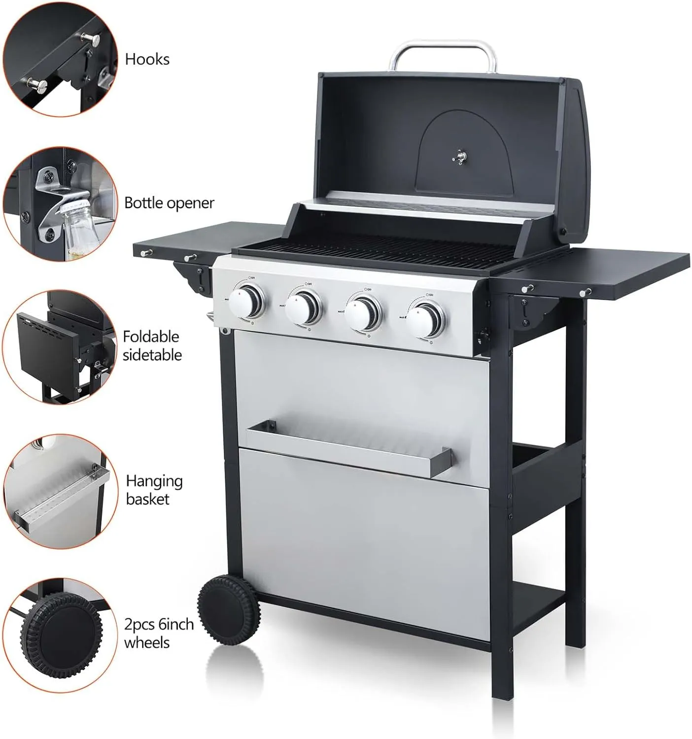 4-Burner Propane Gas Grill with 2 Foldable Side Tables, 34,200 BTU Outdoor BBQ Grill with Porcelain-Enameled Flame Tamers, Built-in Thermometer, Easy Assembly for Patio, Backyard BBQ