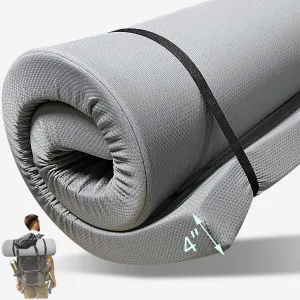 4 INCH Memory Foam Camping Mattress Pad with Water-Resistant Zipper, Roll Up Mattress for Floor, Travel Camping Sleeping Pads for Floor Outdoor Activities, Rvs, Certipur-Us