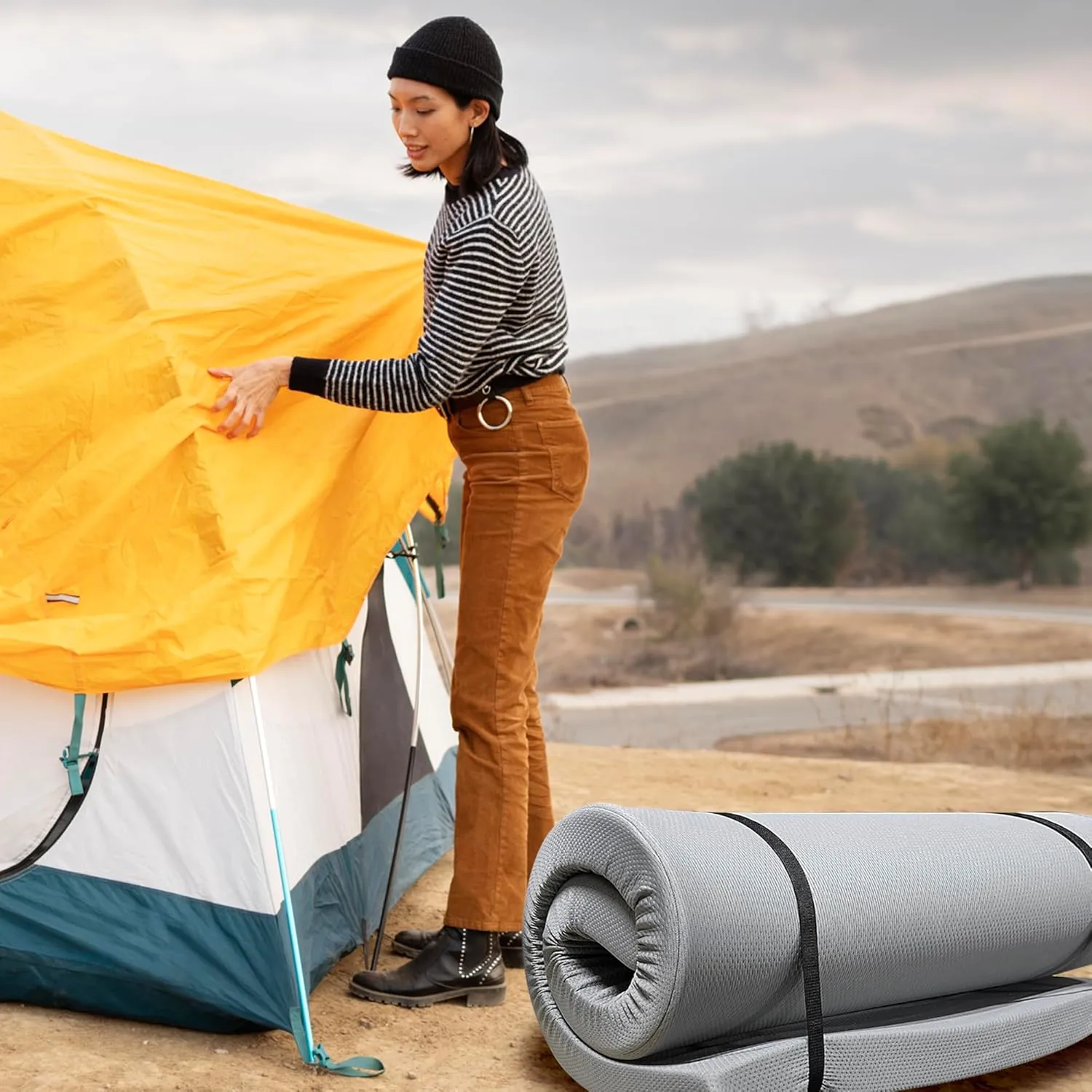 4 INCH Memory Foam Camping Mattress Pad with Water-Resistant Zipper, Roll Up Mattress for Floor, Travel Camping Sleeping Pads for Floor Outdoor Activities, Rvs, Certipur-Us