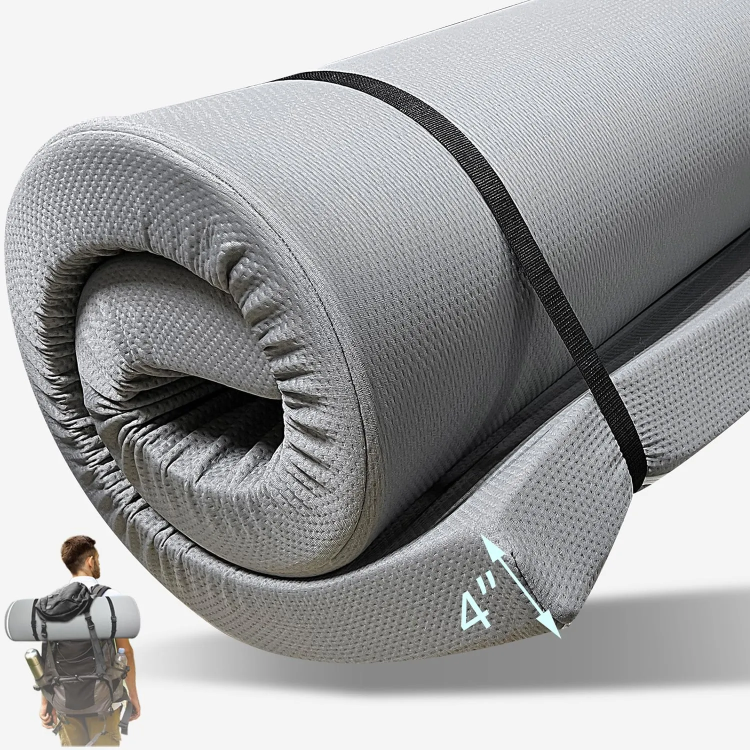 4 INCH Memory Foam Camping Mattress Pad with Water-Resistant Zipper, Roll Up Mattress for Floor, Travel Camping Sleeping Pads for Floor Outdoor Activities, Rvs, Certipur-Us
