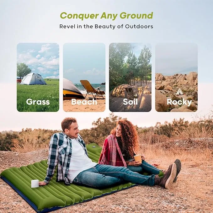 4-Inch-Thick Double Sleeping Pad for Camping, Strong Support Camping Mattress with Built-in Foot Pump, Lightweight Inflatable Sleeping Mat 2 Person for Backpacking, Hiking, Outdoors