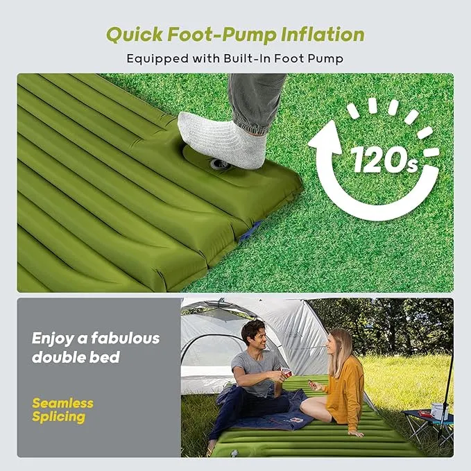 4-Inch-Thick Double Sleeping Pad for Camping, Strong Support Camping Mattress with Built-in Foot Pump, Lightweight Inflatable Sleeping Mat 2 Person for Backpacking, Hiking, Outdoors