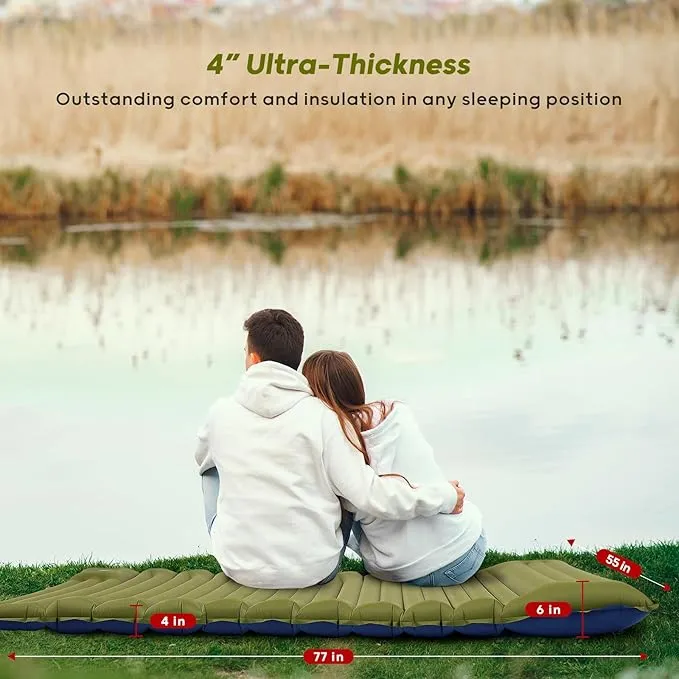 4-Inch-Thick Double Sleeping Pad for Camping, Strong Support Camping Mattress with Built-in Foot Pump, Lightweight Inflatable Sleeping Mat 2 Person for Backpacking, Hiking, Outdoors