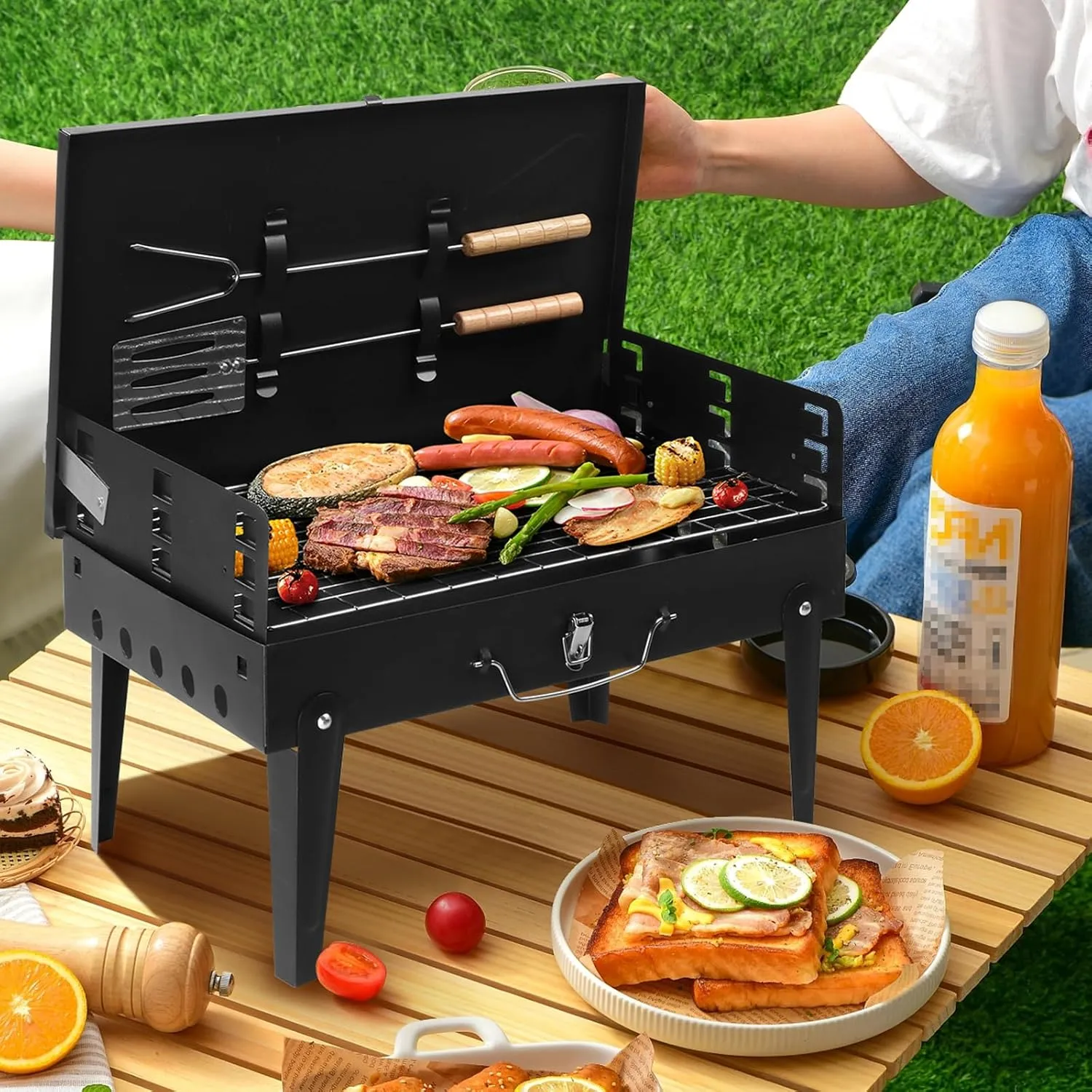 44 * 27 * 7cm Portable Square Charcoal Grill Black