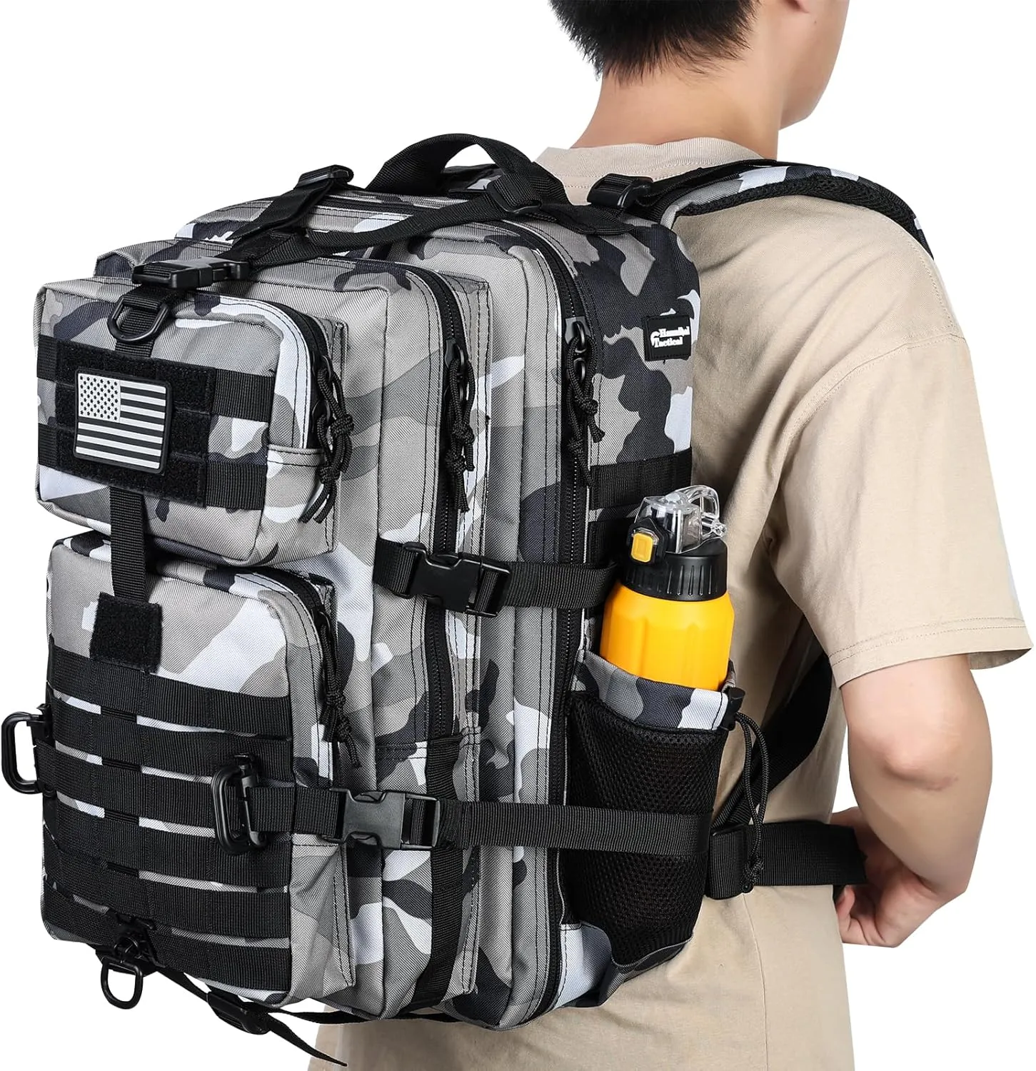 45L MOLLE Assault Pack, Tactical Backpack Military Army Camping Rucksack with Bottle Holder, 3-Day Pack Trip w/USA Flag Patch, D-Rings, Urban
