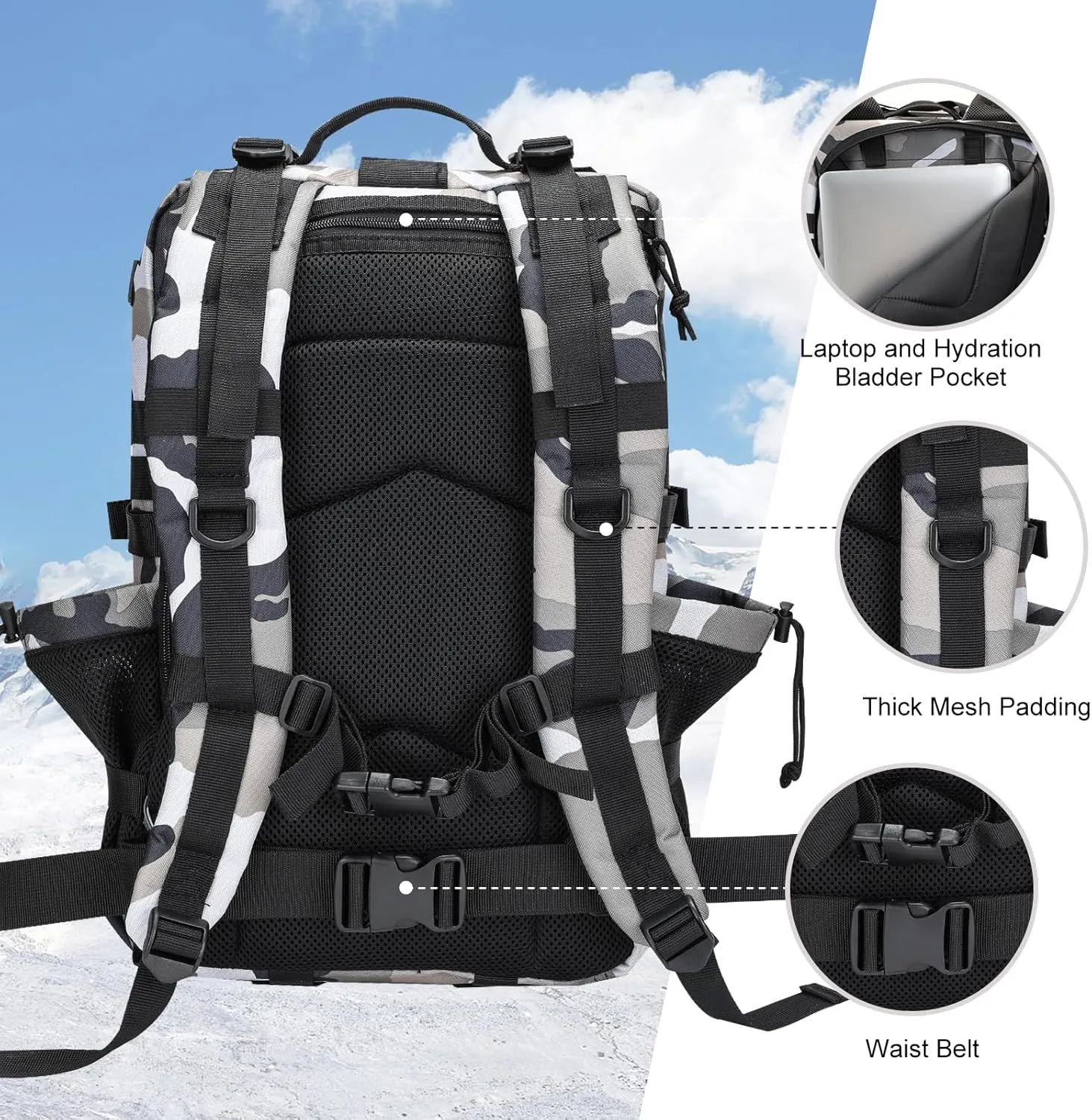 45L MOLLE Assault Pack, Tactical Backpack Military Army Camping Rucksack with Bottle Holder, 3-Day Pack Trip w/USA Flag Patch, D-Rings, Urban