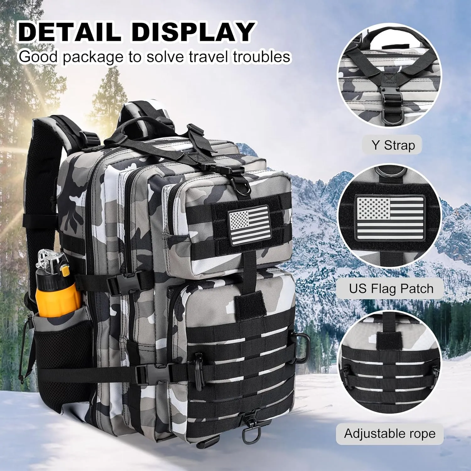 45L MOLLE Assault Pack, Tactical Backpack Military Army Camping Rucksack with Bottle Holder, 3-Day Pack Trip w/USA Flag Patch, D-Rings, Urban