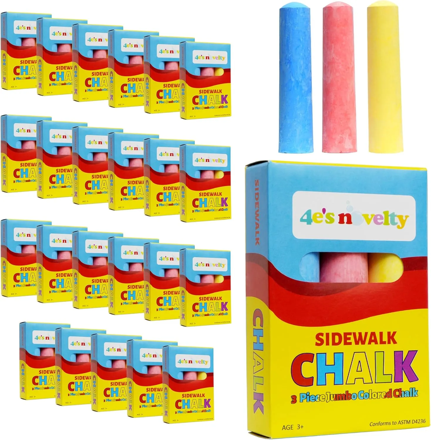 4E's Novelty 24 Pack Sidewalk Chalk Individually Wrapped Party Favors for Kids Bulk, 3 Jumbo Sticks In Each Box, Easter Basket Stuffers, Goodie Bag Fillers Toddlers Summer Gift Toy