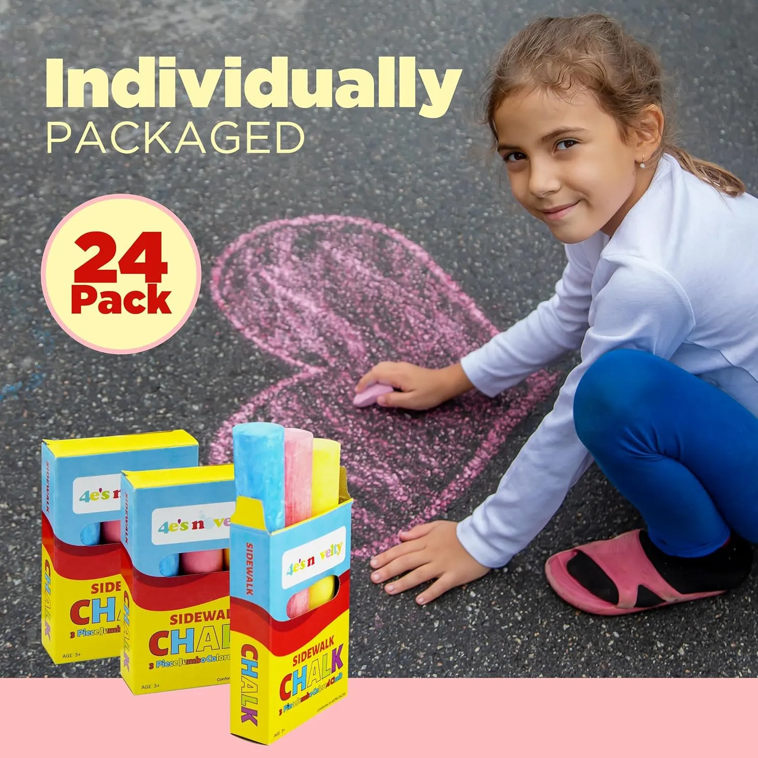 4E's Novelty 24 Pack Sidewalk Chalk Individually Wrapped Party Favors for Kids Bulk, 3 Jumbo Sticks In Each Box, Easter Basket Stuffers, Goodie Bag Fillers Toddlers Summer Gift Toy