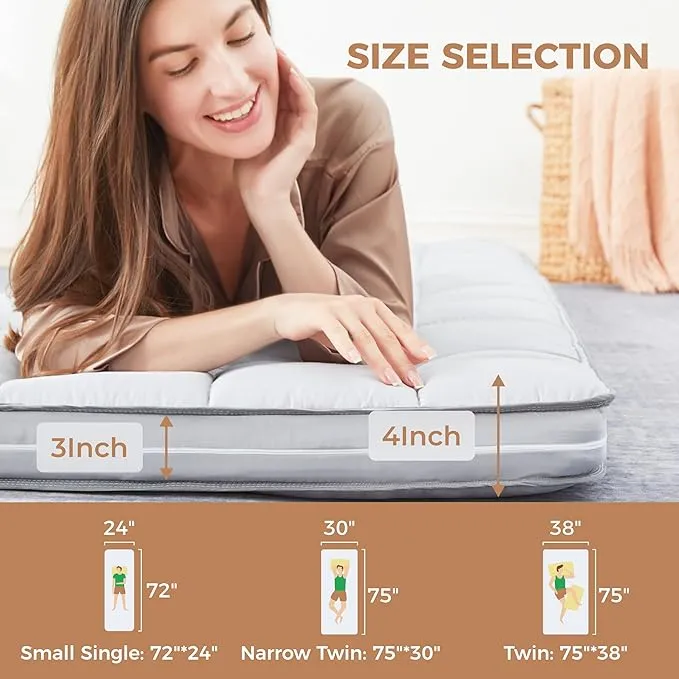 4Inch Cot Mattress Topper,Small Single Gel Infused Memory Foam,Machine Washable Cotton Cover,Roll Up Floors Mat,Portable Folding Sleep Pad(72 X 24“)