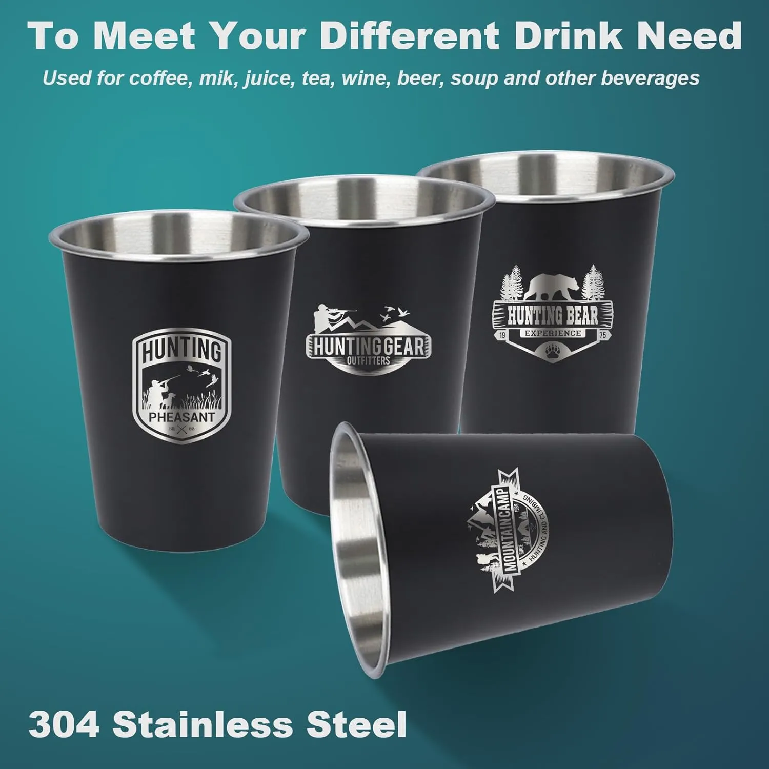 4pcs Camping Cup - Hunting Theme 12oz Stainless Steel Camping Mug for Outdoor Picnic Hiking Fishing Tumbler