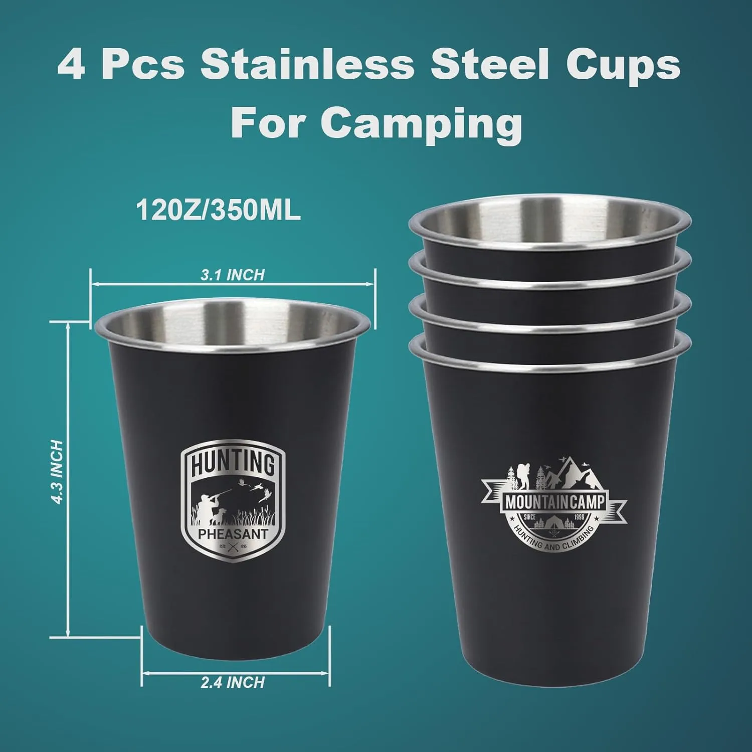 4pcs Camping Cup - Hunting Theme 12oz Stainless Steel Camping Mug for Outdoor Picnic Hiking Fishing Tumbler