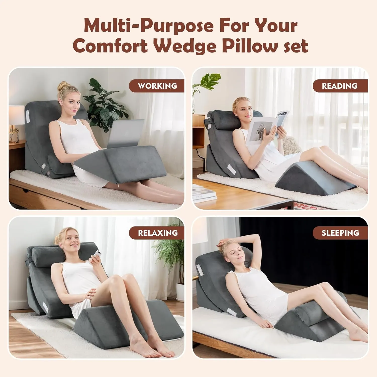 4pcs Orthopedic Bed Wedge Pillow Set, Post Surgery Memory Foam for Back, Leg Pain Relief, Sitting Pillow, Adjustable Pillows Acid Reflux and GERD for Sleeping