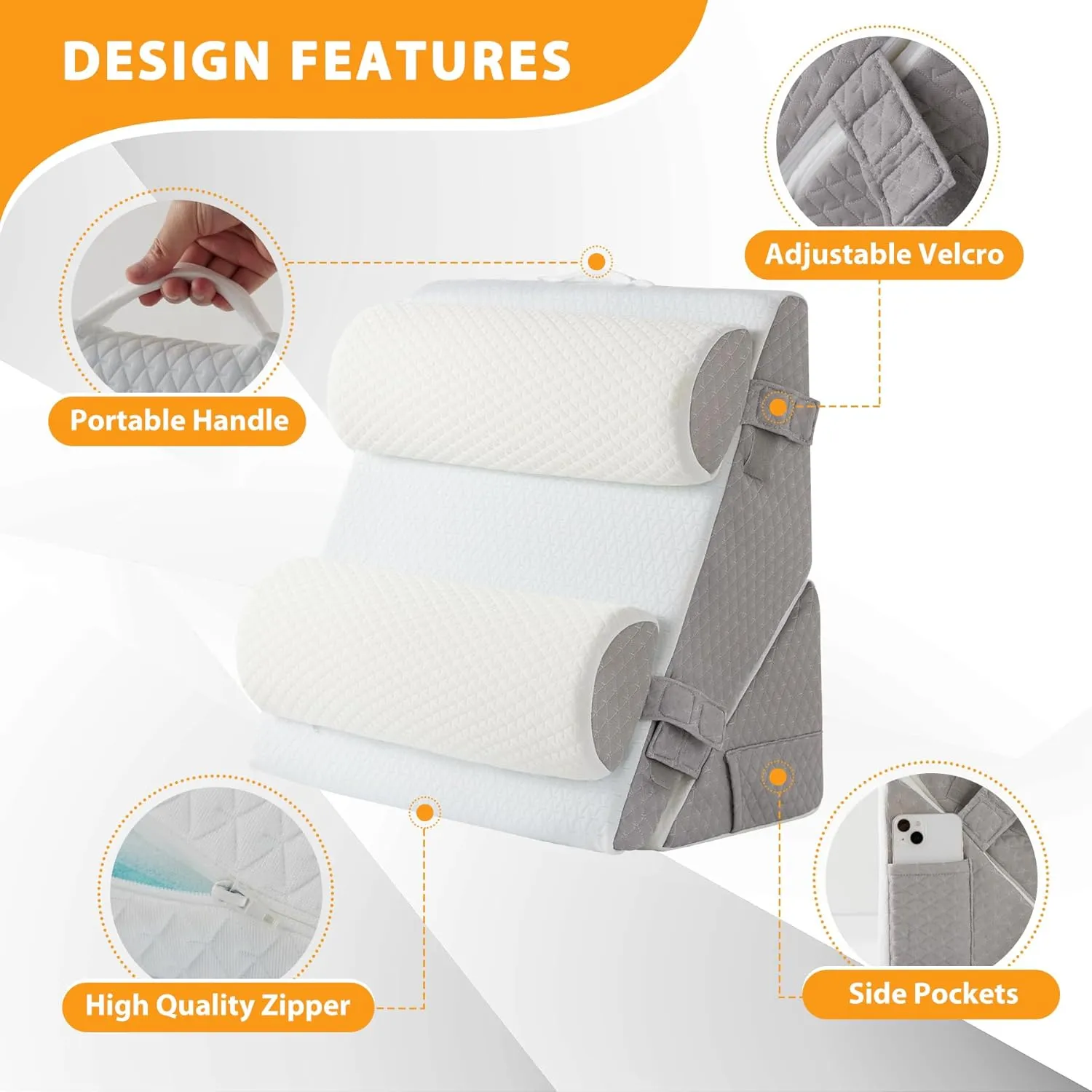 4PCS Wedge Pillow Set for After Surgery, Wedge Pillow Headboard, Adjustable 9&12 Inch Sleeping Wedge, Acid Reflux, Orthopedic Pillow Wedge for Back Pain Relief, Gerd, White/Grey