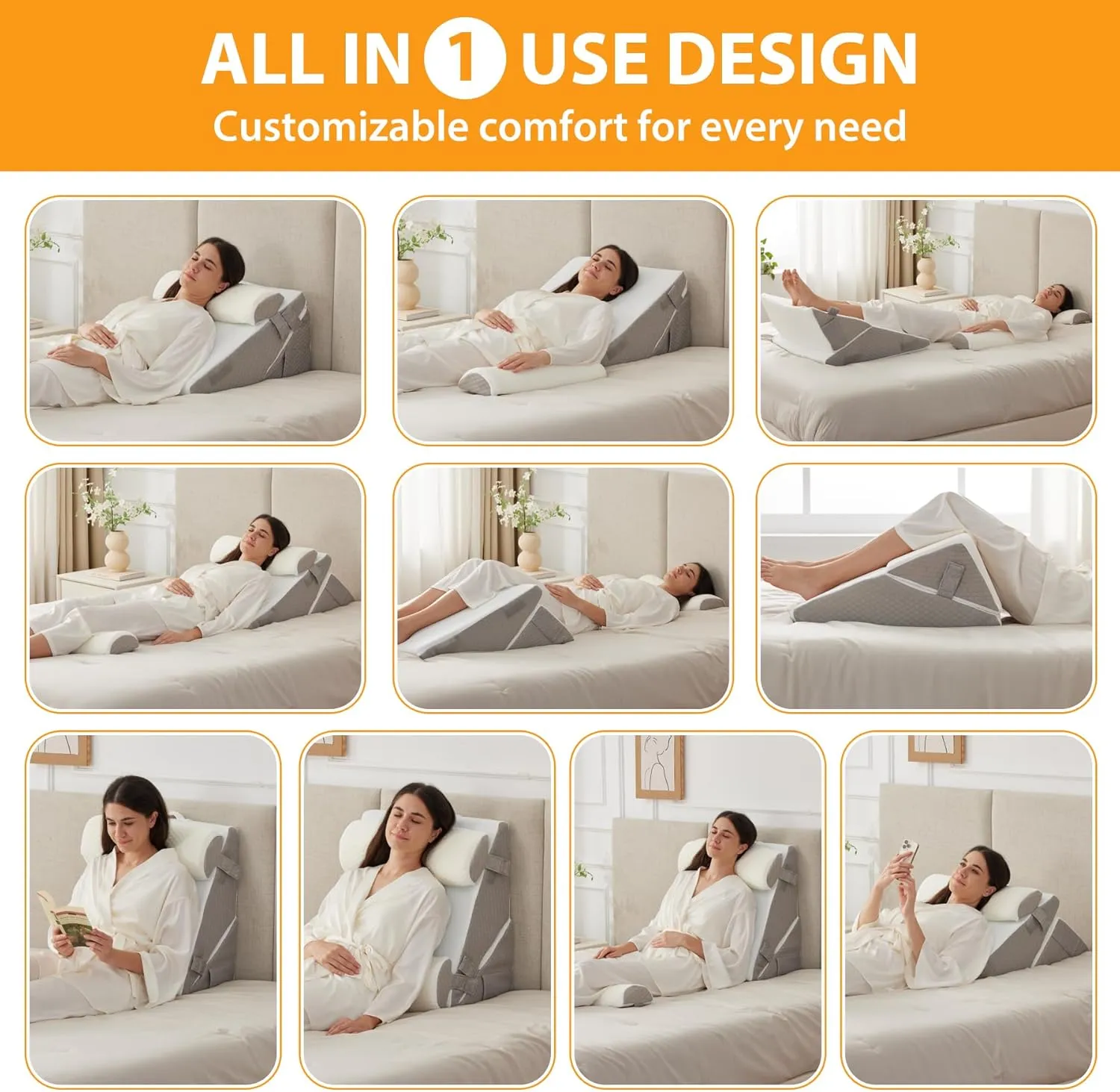 4PCS Wedge Pillow Set for After Surgery, Wedge Pillow Headboard, Adjustable 9&12 Inch Sleeping Wedge, Acid Reflux, Orthopedic Pillow Wedge for Back Pain Relief, Gerd, White/Grey