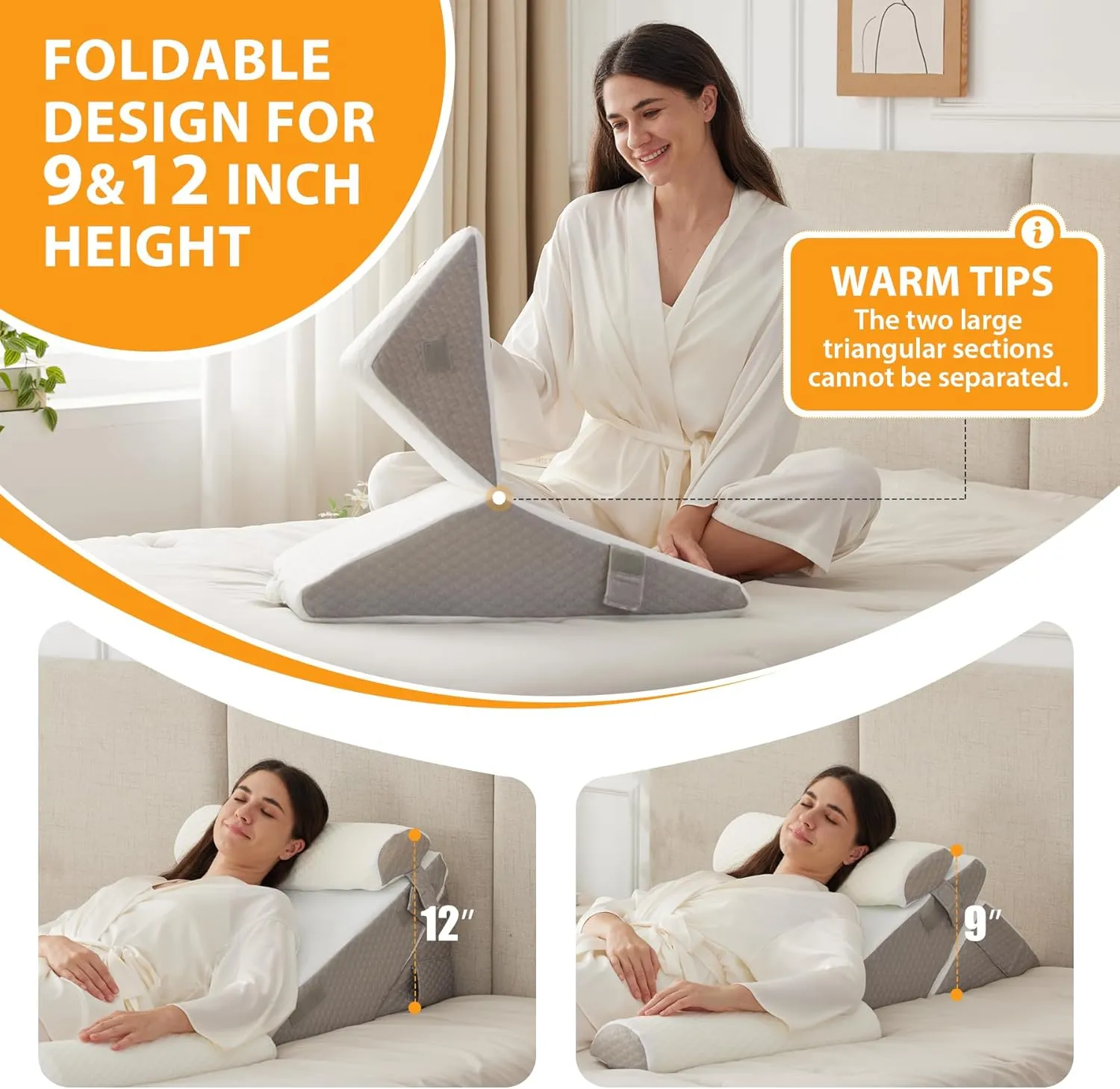 4PCS Wedge Pillow Set for After Surgery, Wedge Pillow Headboard, Adjustable 9&12 Inch Sleeping Wedge, Acid Reflux, Orthopedic Pillow Wedge for Back Pain Relief, Gerd, White/Grey