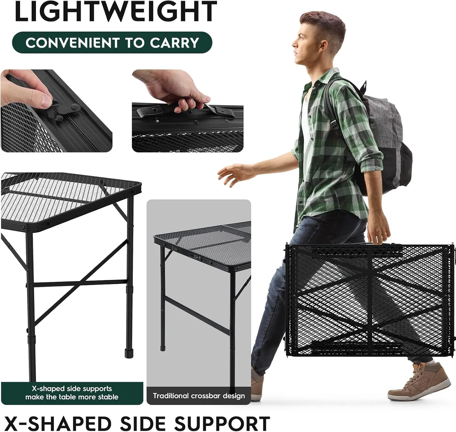 4x2 FT Folding Grill Table, Portable Camping Table for Outside, Adjustable Height Folding with Desktop & Mesh Bag, Lightweight Outdoor,Camping, Picnic, BBQ