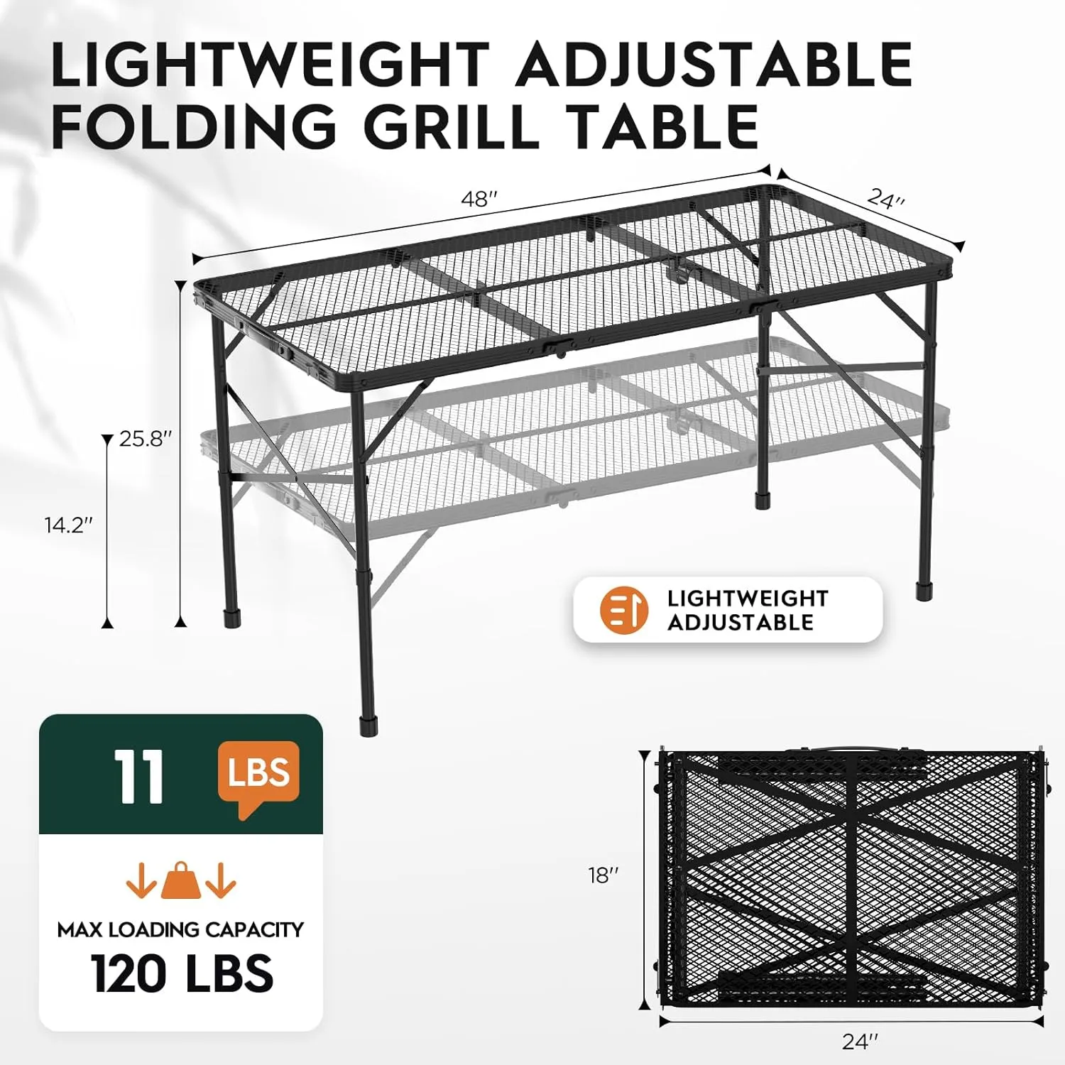 4x2 FT Folding Grill Table, Portable Camping Table for Outside, Adjustable Height Folding with Desktop & Mesh Bag, Lightweight Outdoor,Camping, Picnic, BBQ