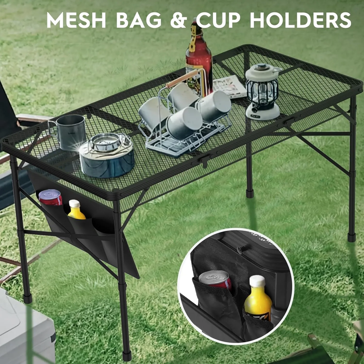 4x2 FT Folding Grill Table, Portable Camping Table for Outside, Adjustable Height Folding with Desktop & Mesh Bag, Lightweight Outdoor,Camping, Picnic, BBQ