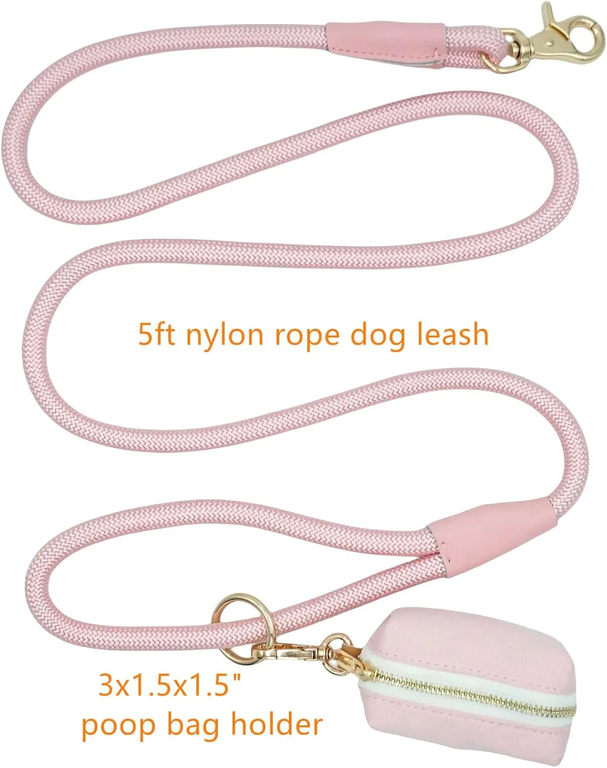 5 FT Nylon Rope Dog Leash with Poop Bag Holder, Heavy Duty Snap Dog Leash, Comfortable Handle Rope Leash for Small Puppy Medium Large Dogs (5FT * 10MM, Pink)