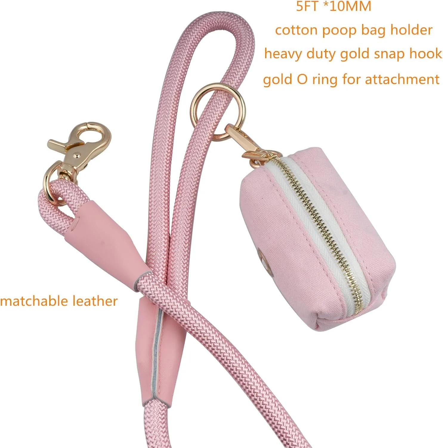 5 FT Nylon Rope Dog Leash with Poop Bag Holder, Heavy Duty Snap Dog Leash, Comfortable Handle Rope Leash for Small Puppy Medium Large Dogs (5FT * 10MM, Pink)