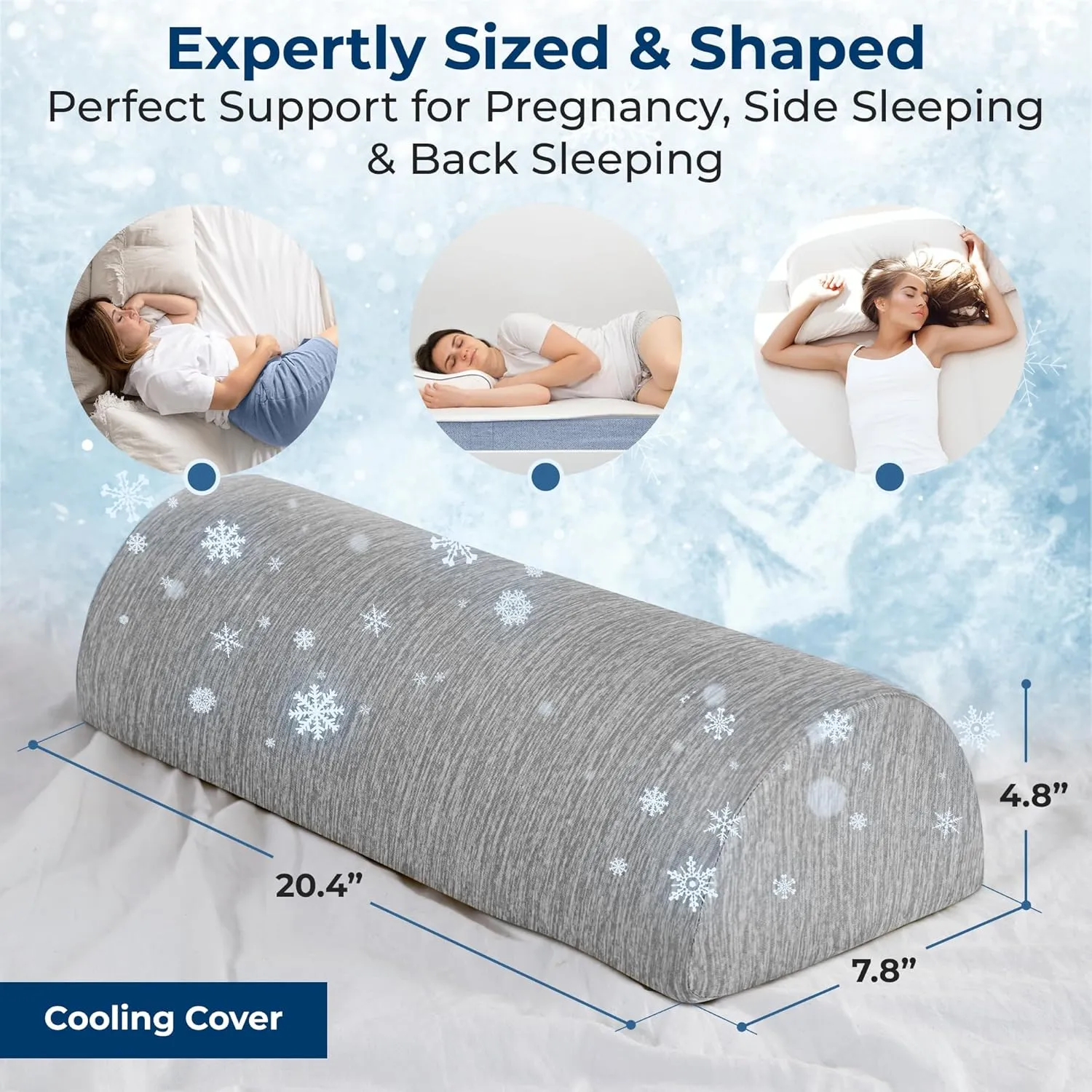 5 STARS UNITED Knee Pillow for Back Sleeping – Cooling Cover - Memory Foam Cushion for Sciatica Pain Relief – Under Leg Support for Sleeping on Back – Half Moon Bolster for Bed, Arctic Gray