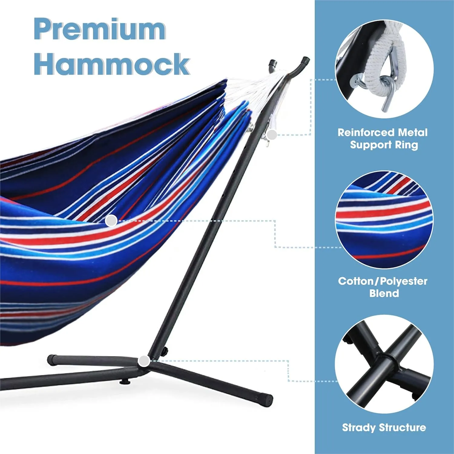 550lbs Capacity Double Hammock Adjustable Hammock Bed with 10ft Heavy Duty Steel Stand Includes Portable Carrying Case, Easy Set up Blue Pinstrip B