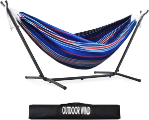 550lbs Capacity Double Hammock Adjustable Hammock Bed with 10ft Heavy Duty Steel Stand Includes Portable Carrying Case, Easy Set up Blue Pinstrip B