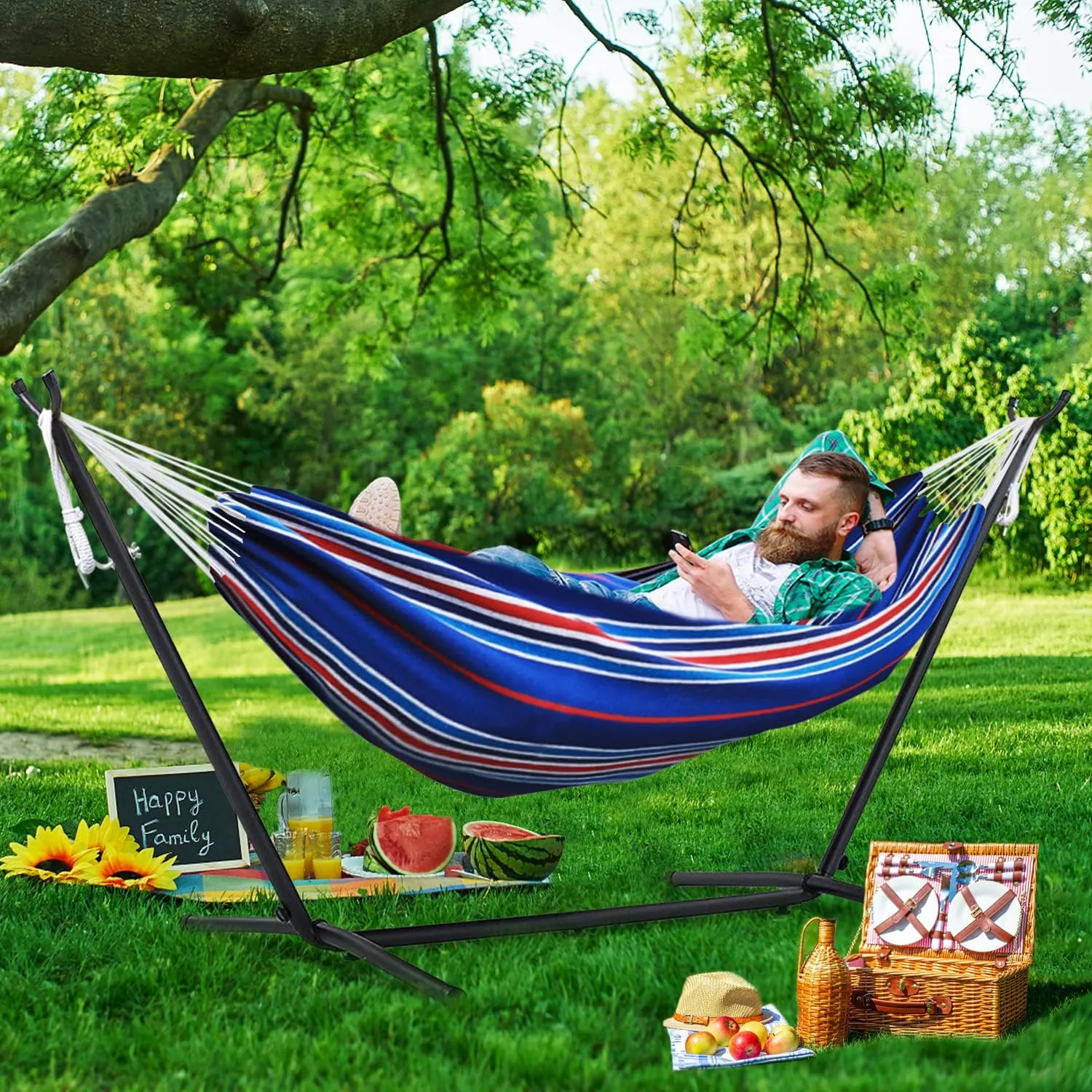 550lbs Capacity Double Hammock Adjustable Hammock Bed with 10ft Heavy Duty Steel Stand Includes Portable Carrying Case, Easy Set up Blue Pinstrip B