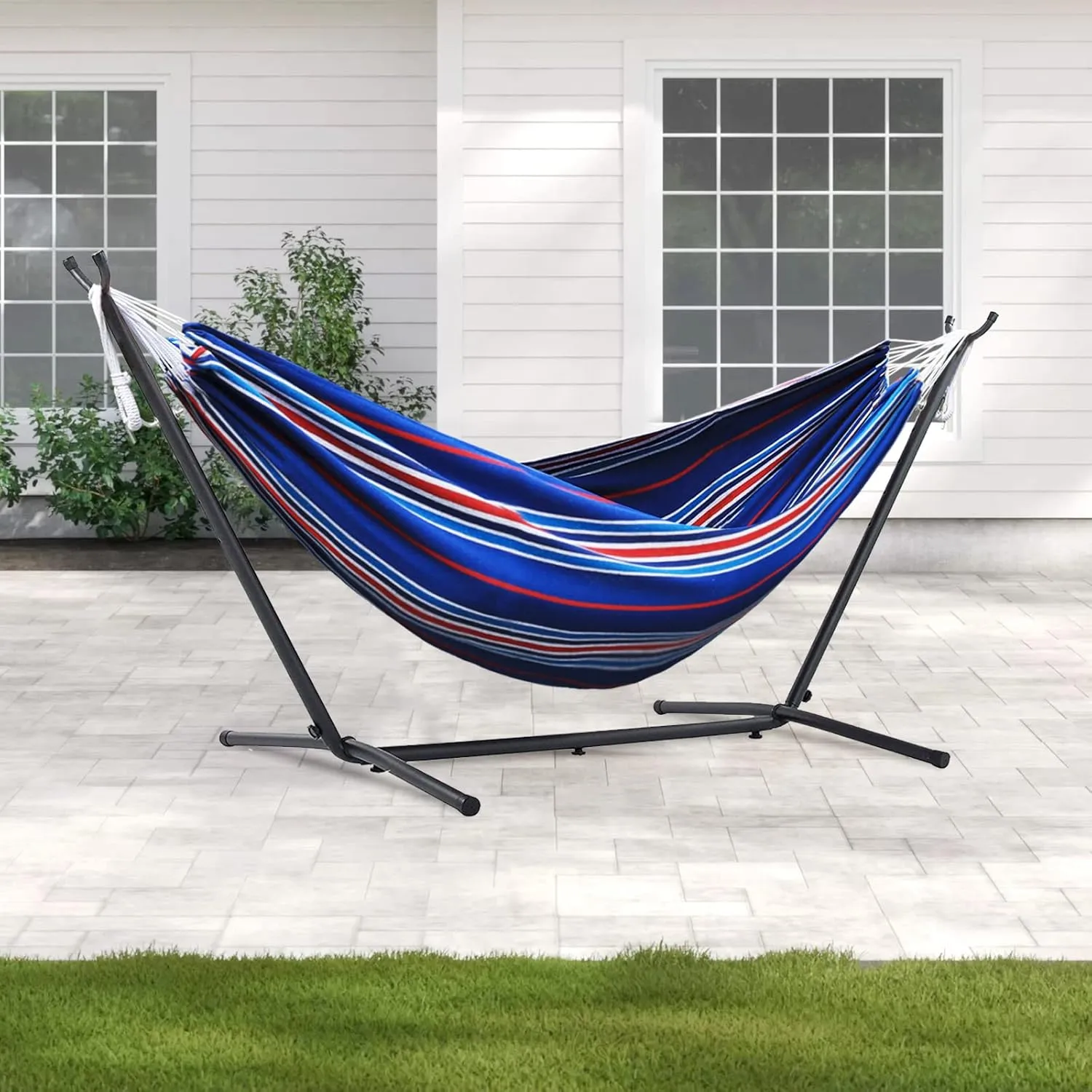 550lbs Capacity Double Hammock Adjustable Hammock Bed with 10ft Heavy Duty Steel Stand Includes Portable Carrying Case, Easy Set up Blue Pinstrip B