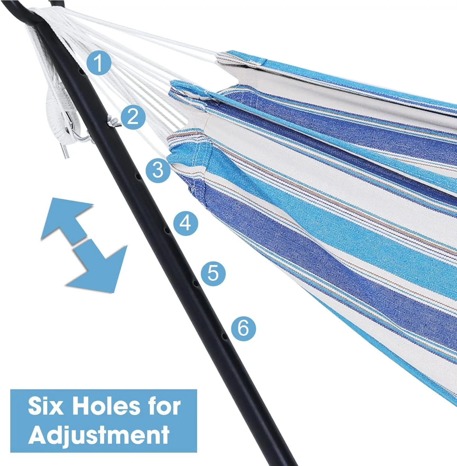 550lbs Capacity Double Hammock Adjustable Hammock Bed with 10ft Heavy Duty Steel Stand Includes Portable Carrying Case, Easy Set up European Style Blue Stripes